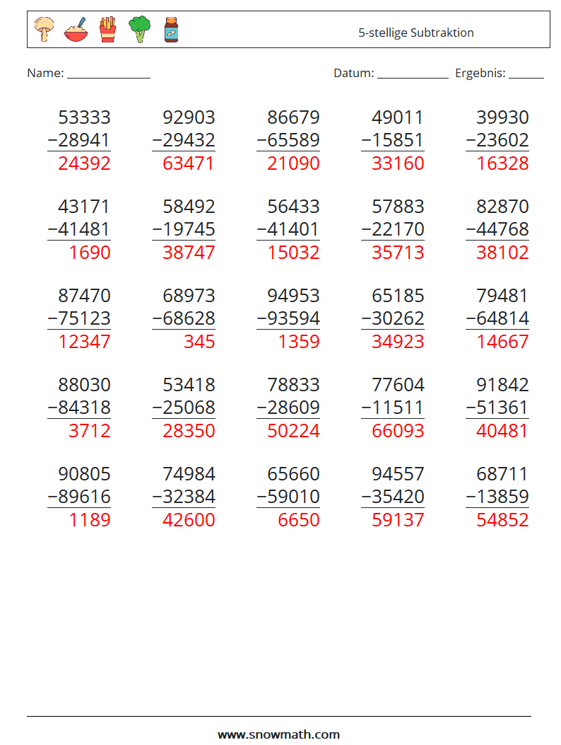 (25) 5-stellige Subtraktion Mathe-Arbeitsblätter 4 Frage, Antwort