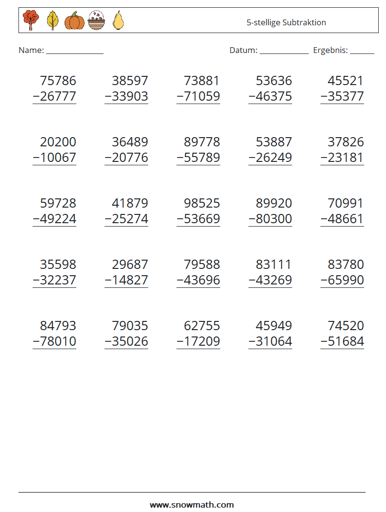 (25) 5-stellige Subtraktion Mathe-Arbeitsblätter 5