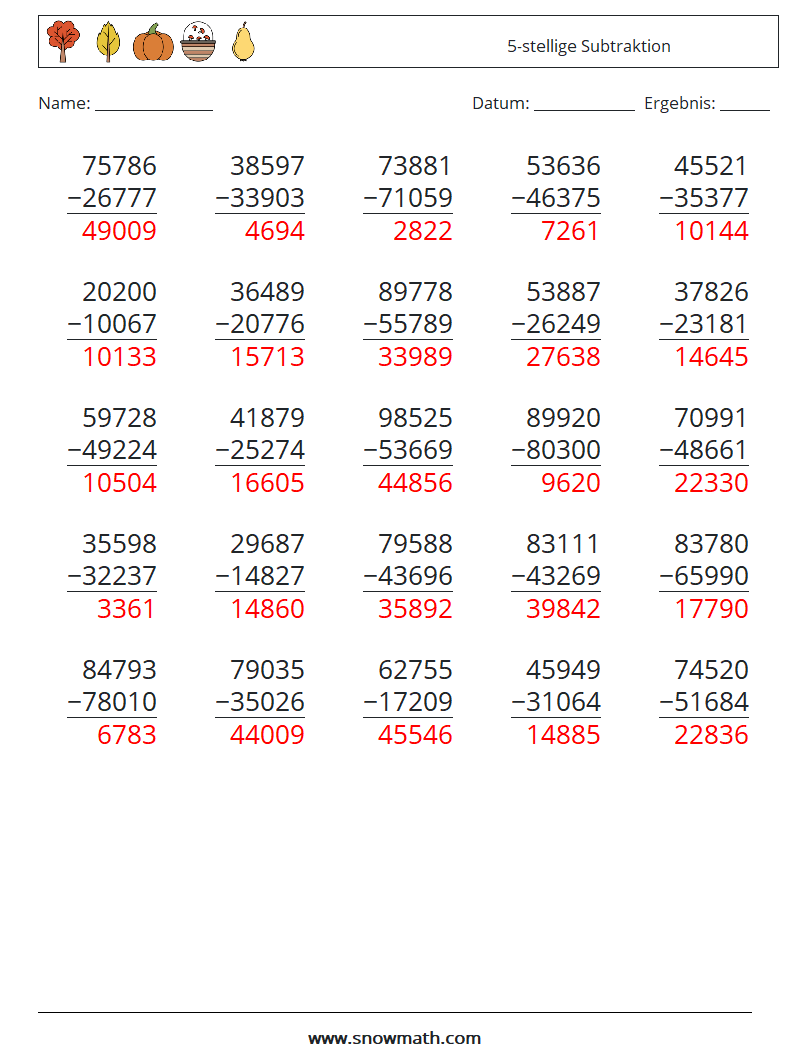 (25) 5-stellige Subtraktion Mathe-Arbeitsblätter 5 Frage, Antwort