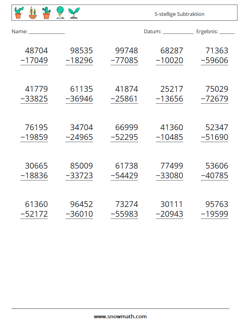 (25) 5-stellige Subtraktion Mathe-Arbeitsblätter 6