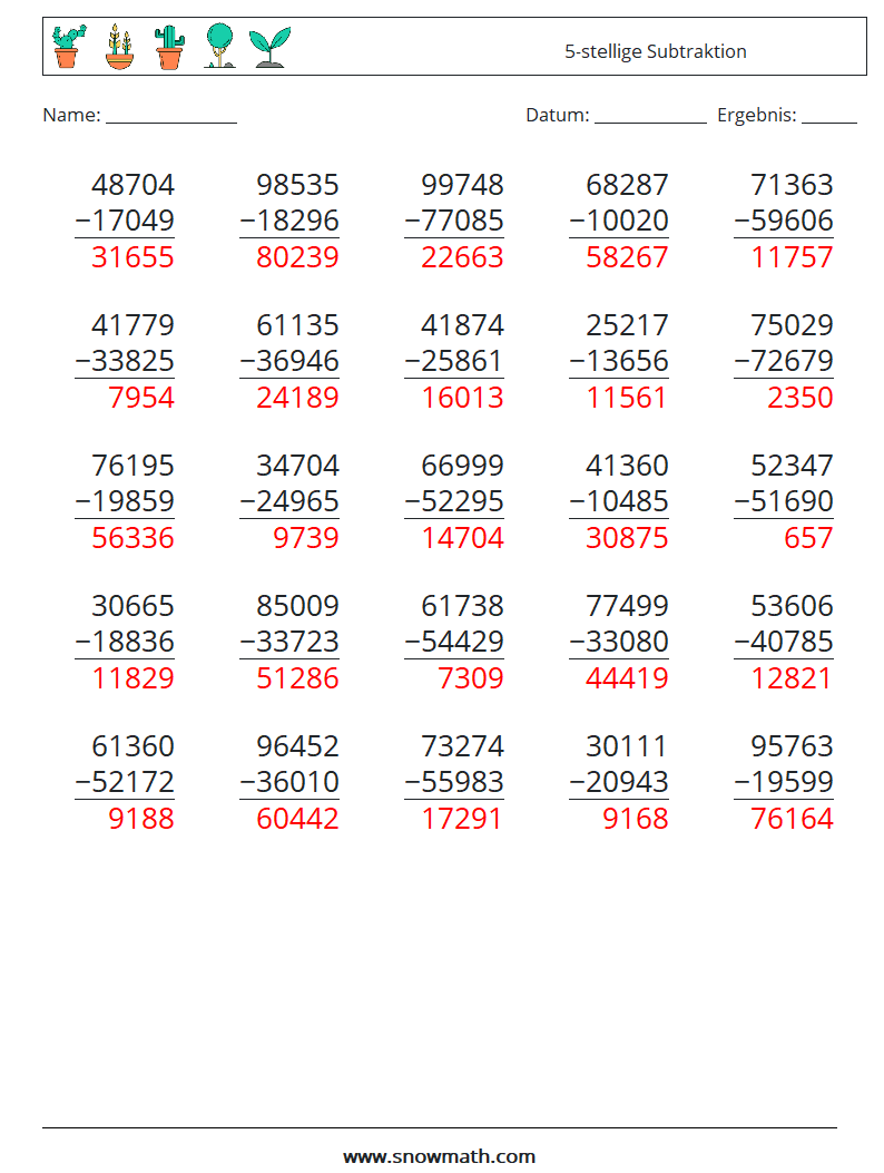 (25) 5-stellige Subtraktion Mathe-Arbeitsblätter 6 Frage, Antwort