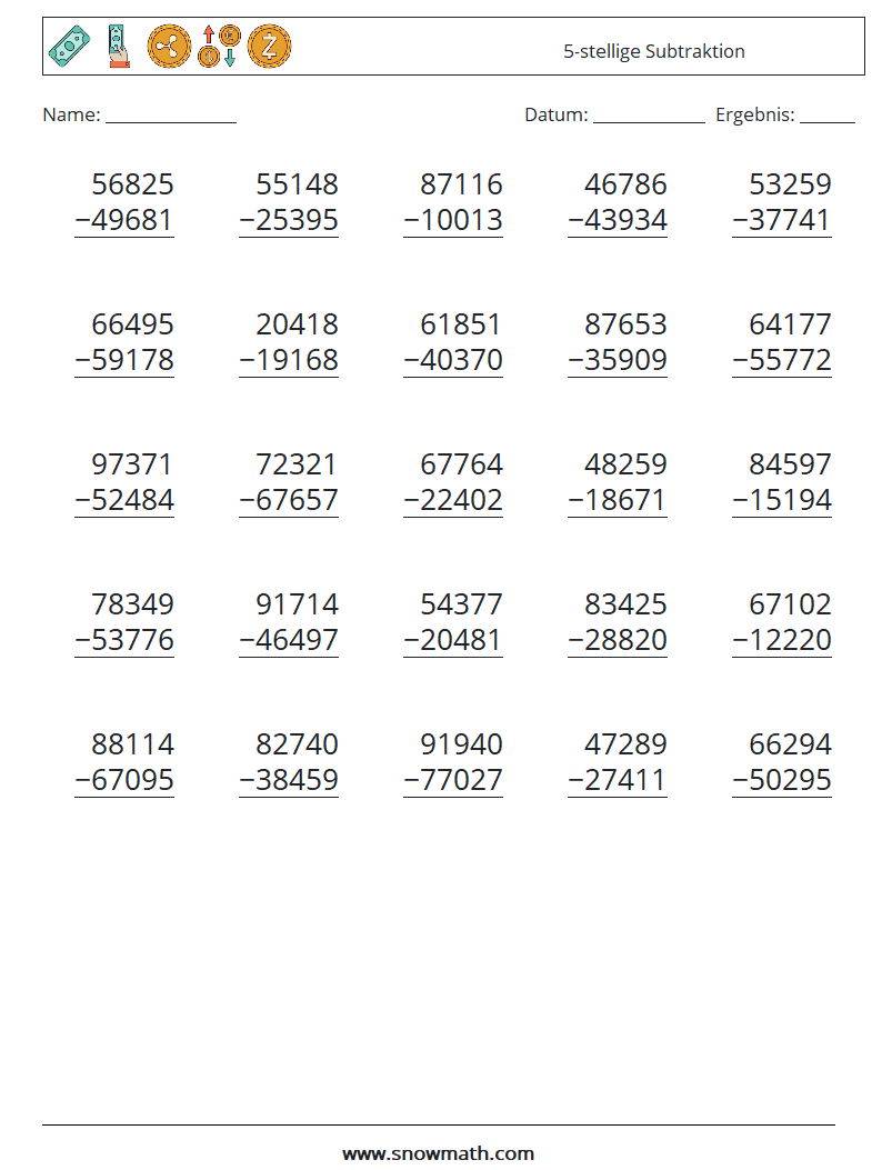 (25) 5-stellige Subtraktion Mathe-Arbeitsblätter 7