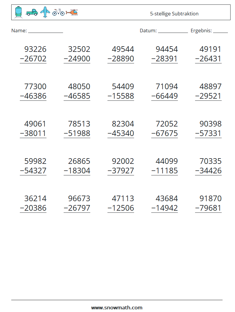 (25) 5-stellige Subtraktion Mathe-Arbeitsblätter 8