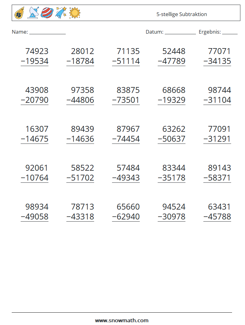 (25) 5-stellige Subtraktion Mathe-Arbeitsblätter 9