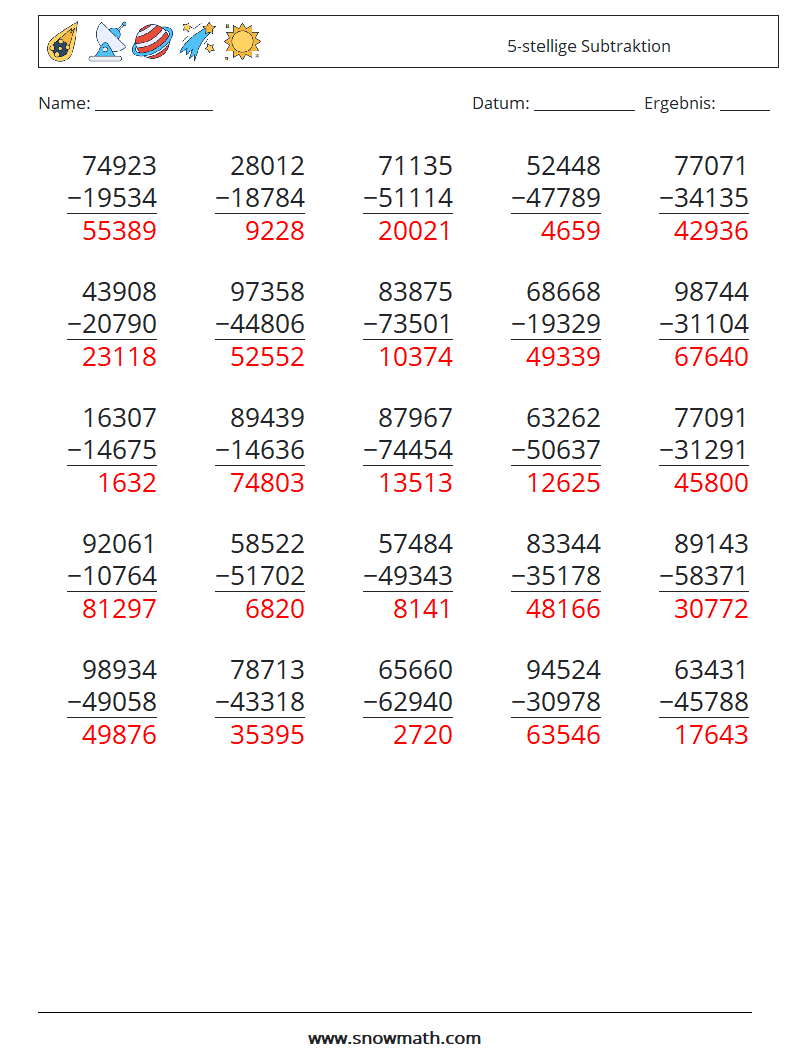 (25) 5-stellige Subtraktion Mathe-Arbeitsblätter 9 Frage, Antwort