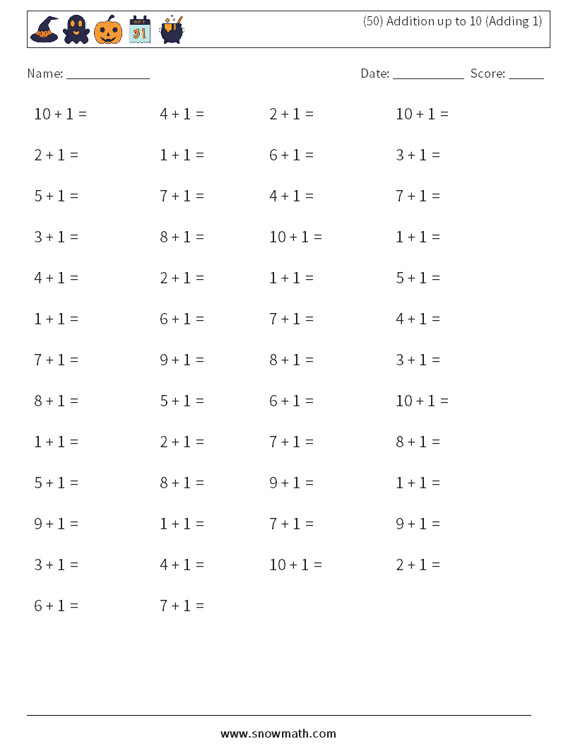 (50) Addition up to 10 (Adding 1) Math Worksheets 1