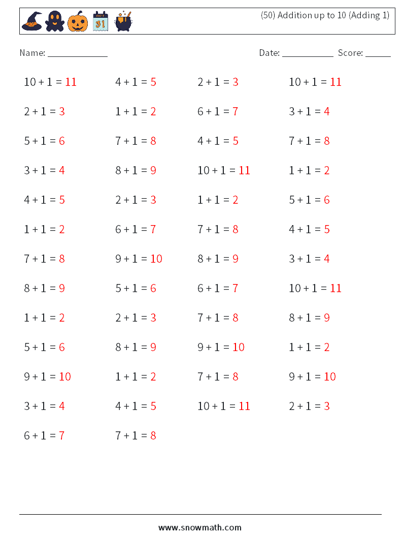 (50) Addition up to 10 (Adding 1) Math Worksheets 1 Question, Answer