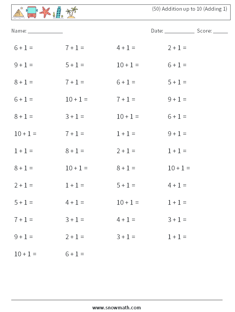 (50) Addition up to 10 (Adding 1) Math Worksheets 2