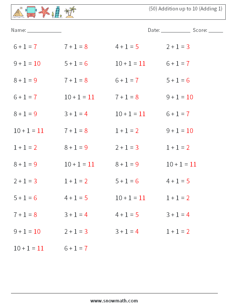 (50) Addition up to 10 (Adding 1) Math Worksheets 2 Question, Answer