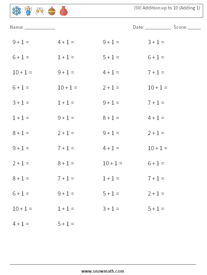 (50) Addition up to 10 (Adding 1) Math Worksheets 3