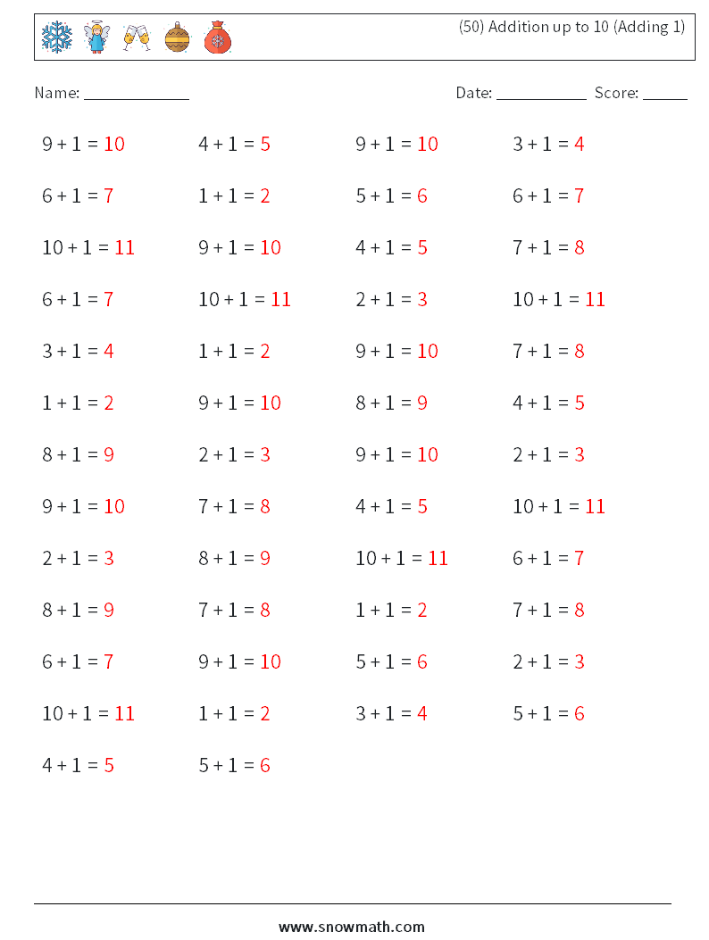 (50) Addition up to 10 (Adding 1) Math Worksheets 3 Question, Answer