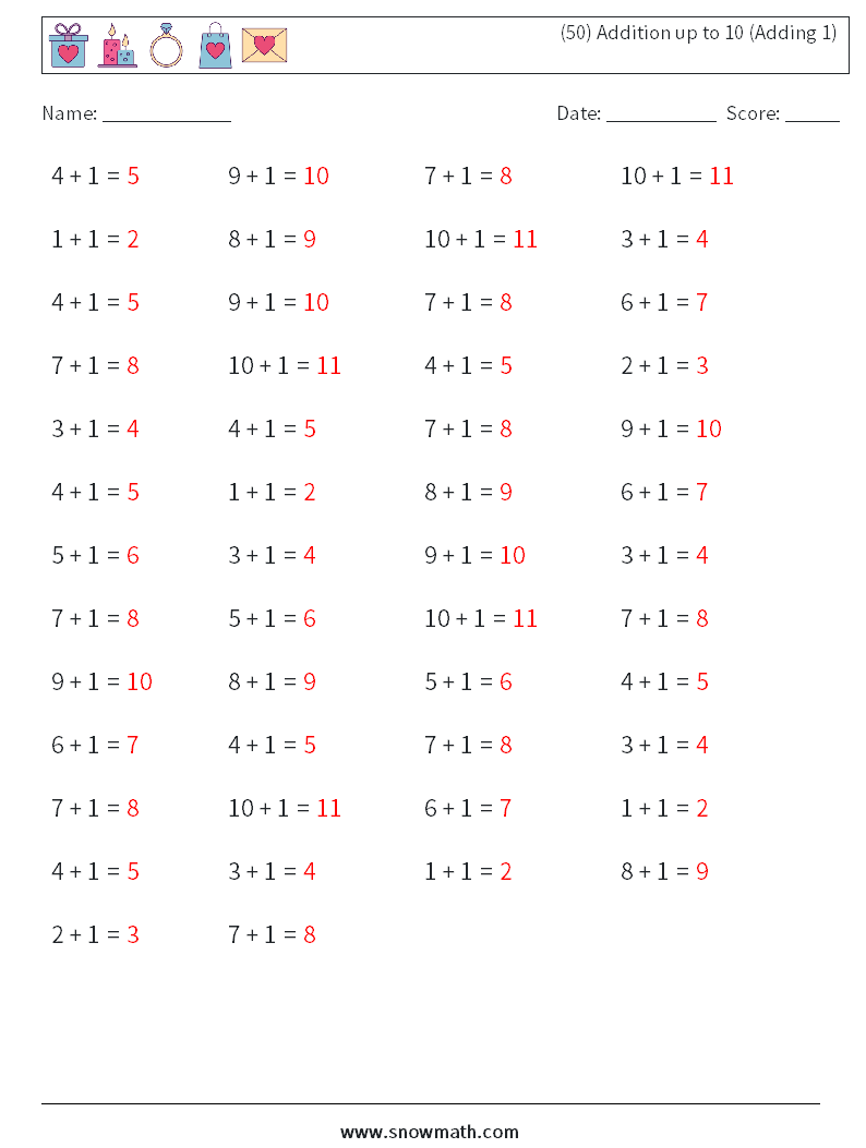 (50) Addition up to 10 (Adding 1) Math Worksheets 4 Question, Answer