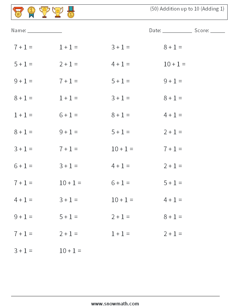 (50) Addition up to 10 (Adding 1) Math Worksheets 5