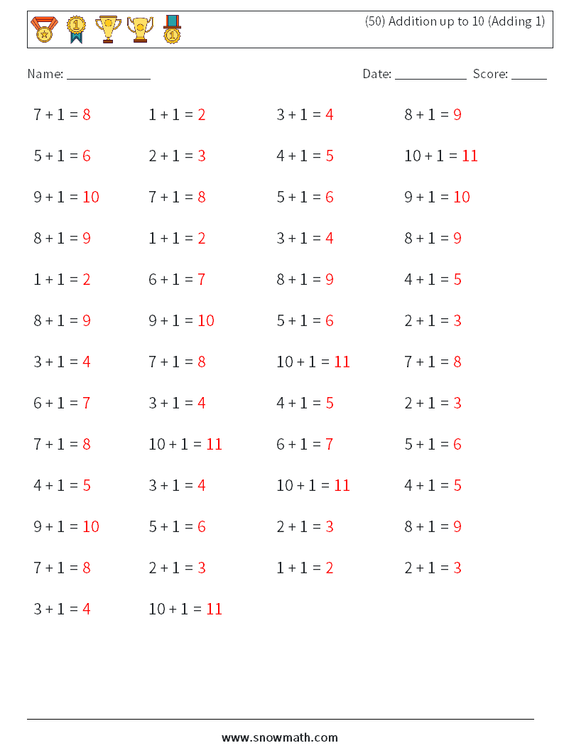 (50) Addition up to 10 (Adding 1) Math Worksheets 5 Question, Answer