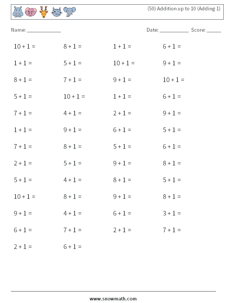 (50) Addition up to 10 (Adding 1) Math Worksheets 6