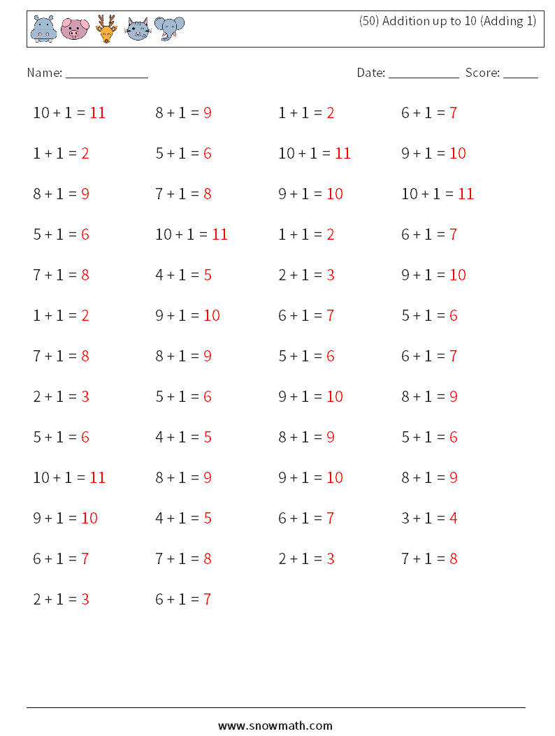 (50) Addition up to 10 (Adding 1) Math Worksheets 6 Question, Answer