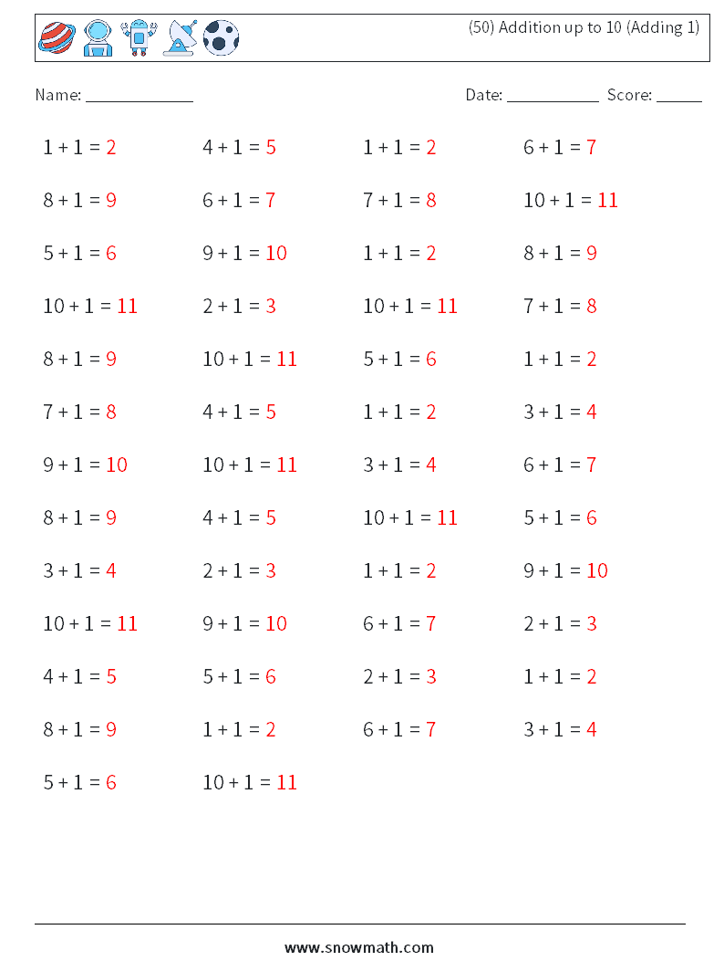 (50) Addition up to 10 (Adding 1) Math Worksheets 7 Question, Answer