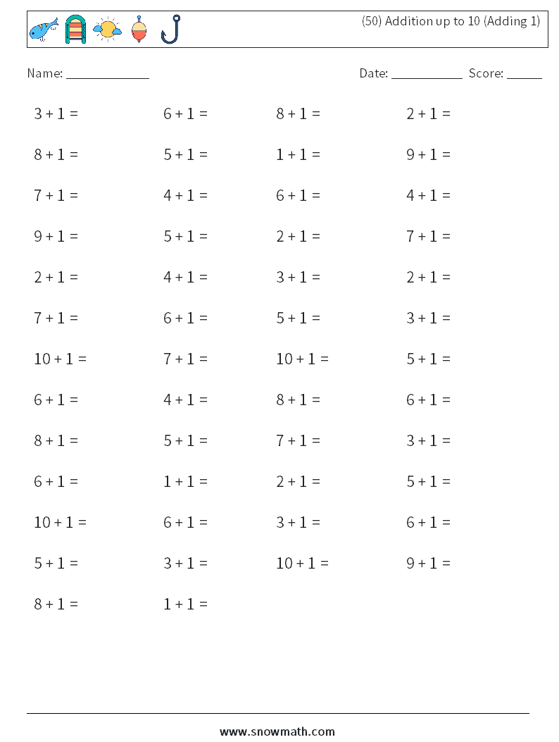 (50) Addition up to 10 (Adding 1) Math Worksheets 8