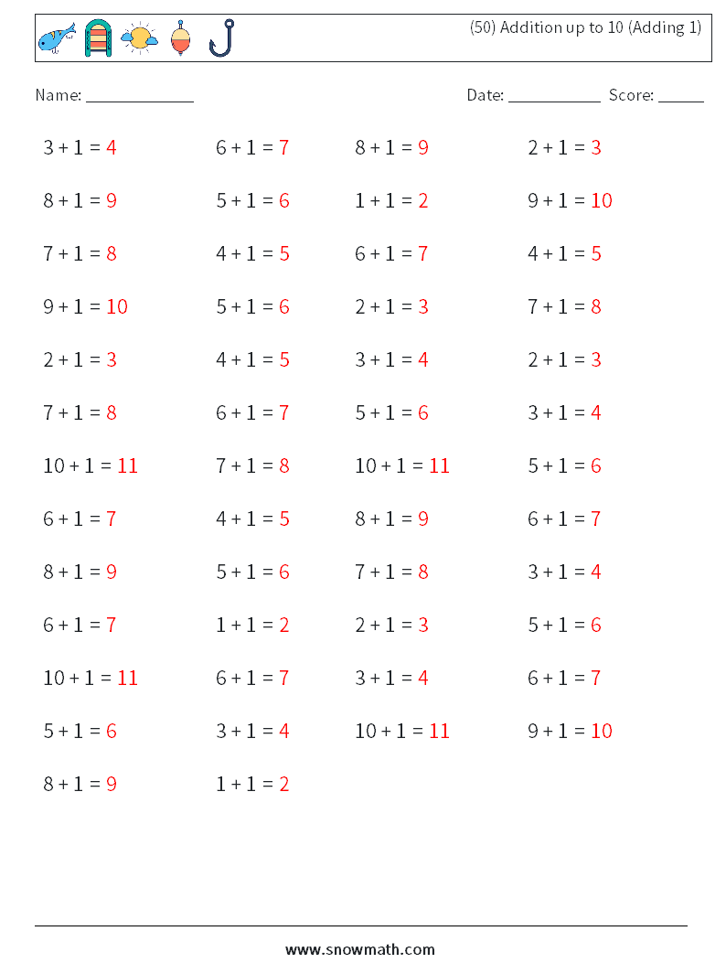 (50) Addition up to 10 (Adding 1) Math Worksheets 8 Question, Answer