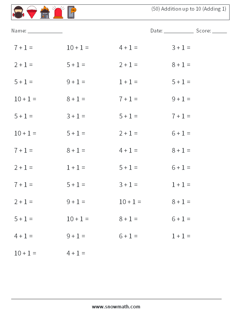 (50) Addition up to 10 (Adding 1) Math Worksheets 9