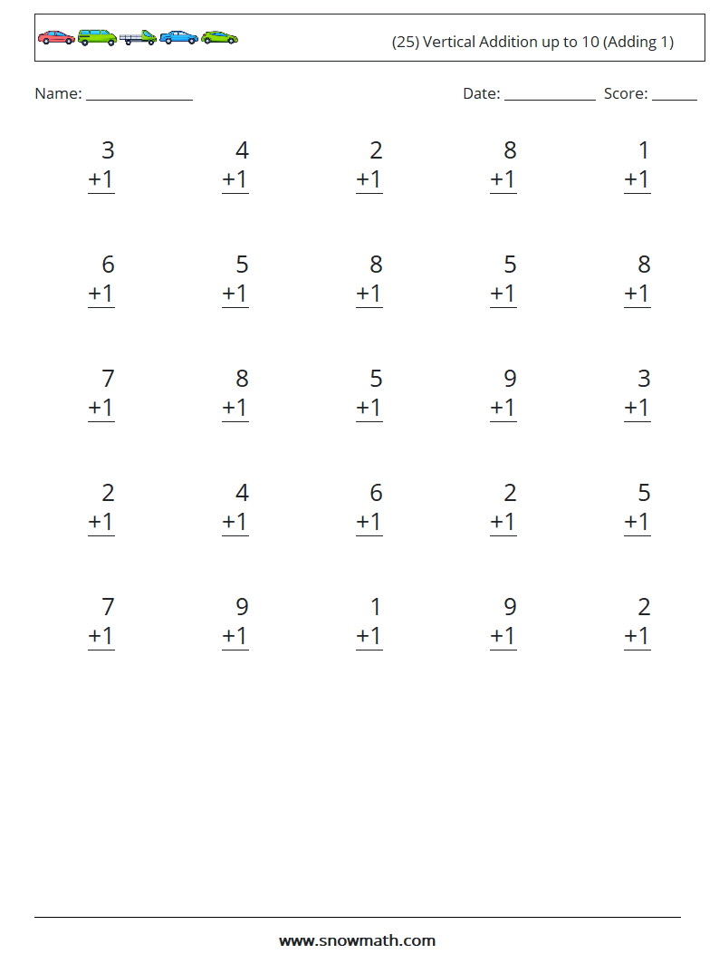 (25) Vertical Addition up to 10 (Adding 1) Math Worksheets 1