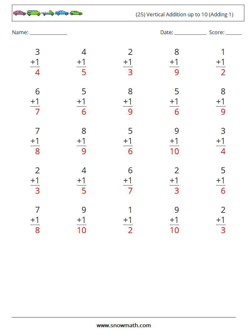 (25) Vertical Addition up to 10 (Adding 1) Math Worksheets 1 Question, Answer