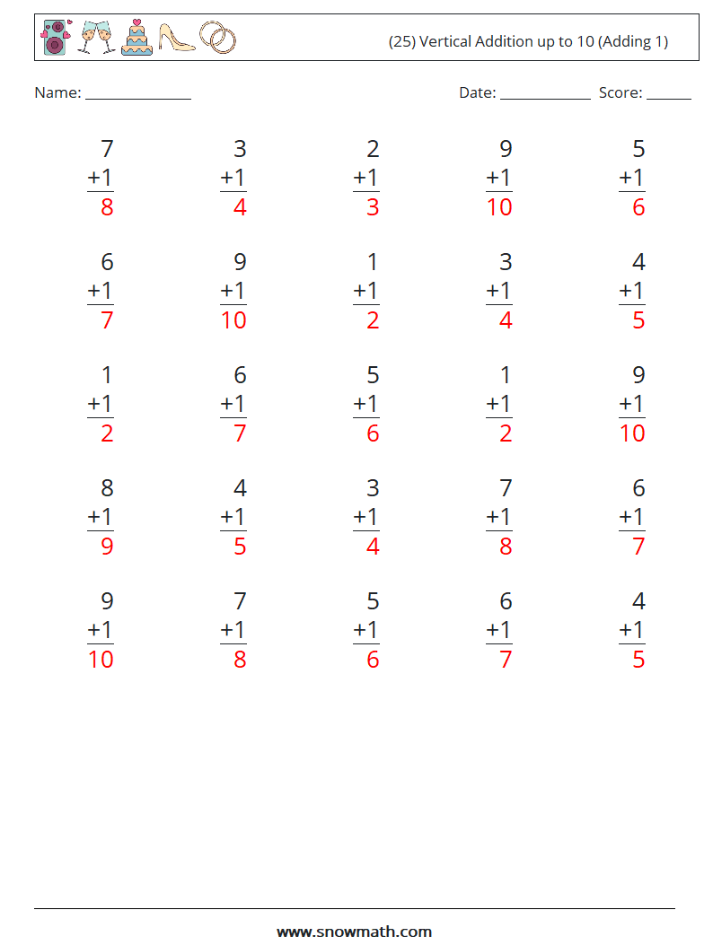 (25) Vertical Addition up to 10 (Adding 1) Math Worksheets 2 Question, Answer