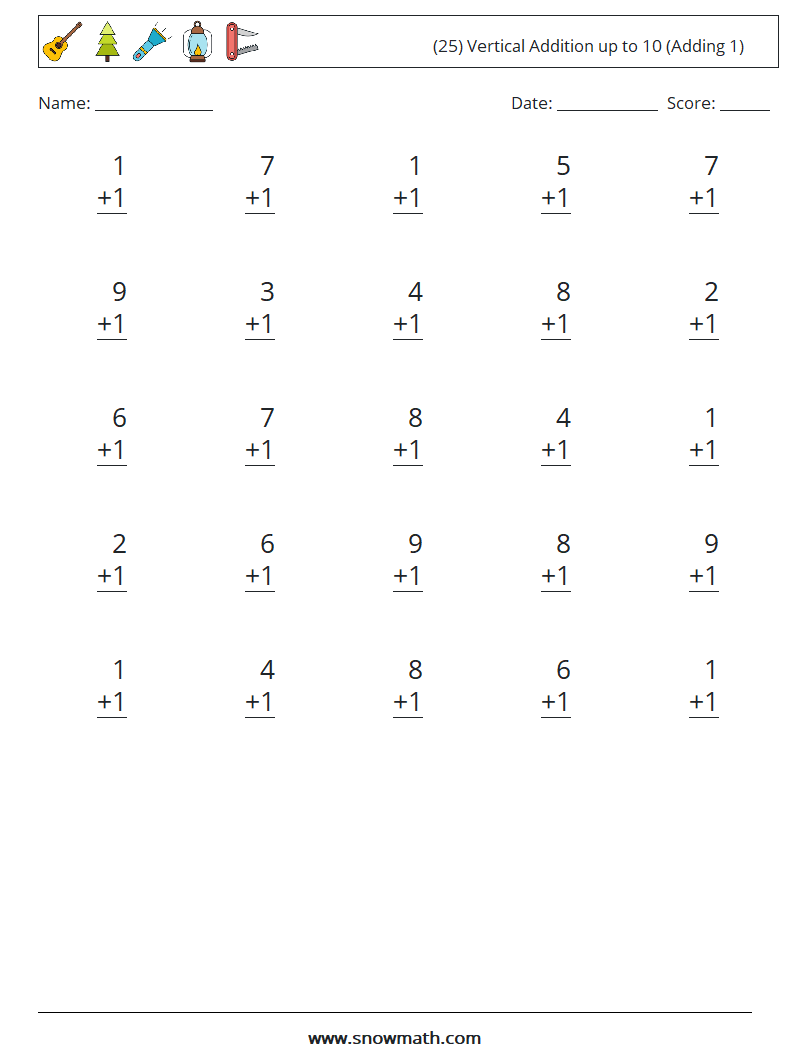 (25) Vertical Addition up to 10 (Adding 1) Math Worksheets 3