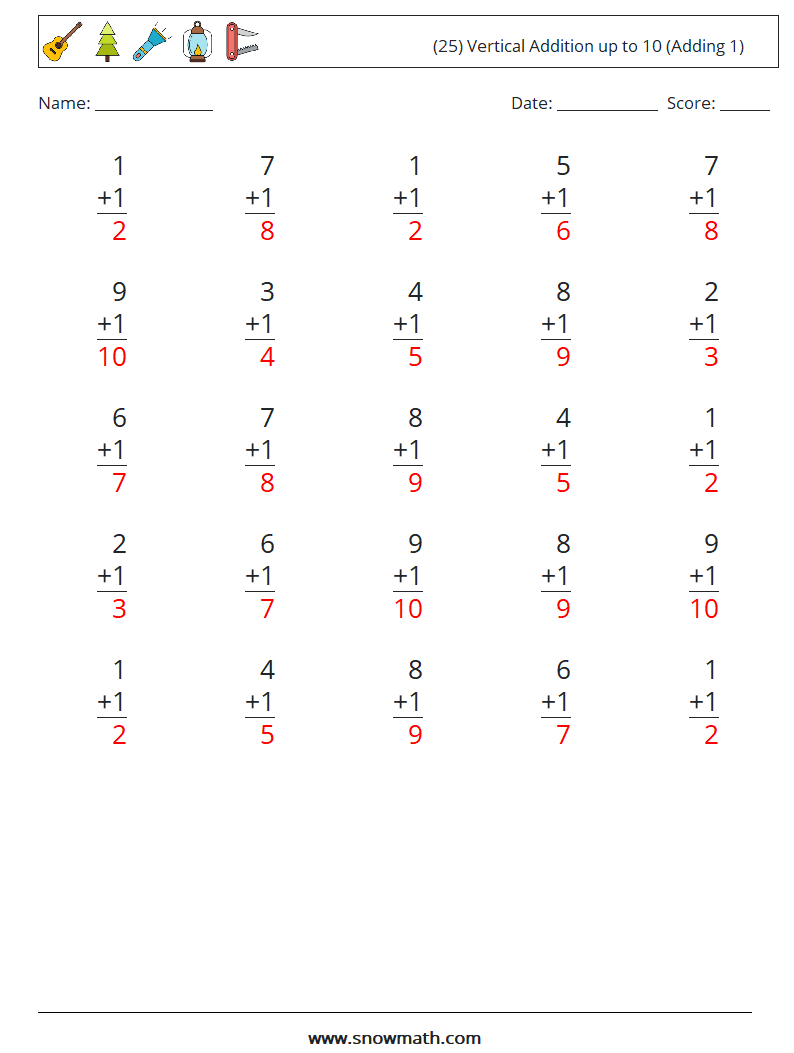 (25) Vertical Addition up to 10 (Adding 1) Math Worksheets 3 Question, Answer