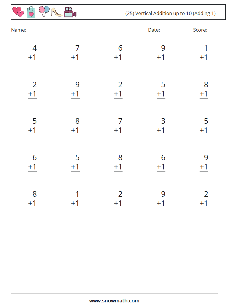 (25) Vertical Addition up to 10 (Adding 1) Math Worksheets 4