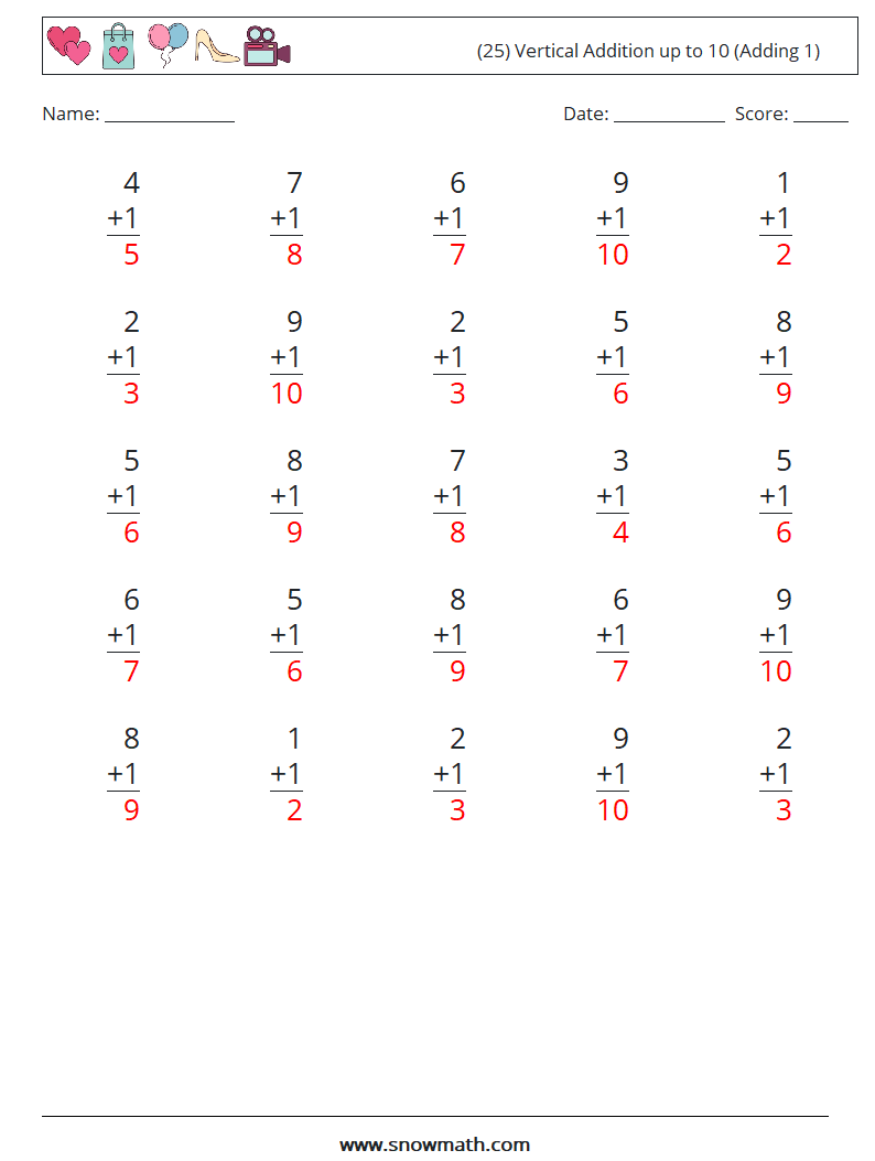 (25) Vertical Addition up to 10 (Adding 1) Math Worksheets 4 Question, Answer