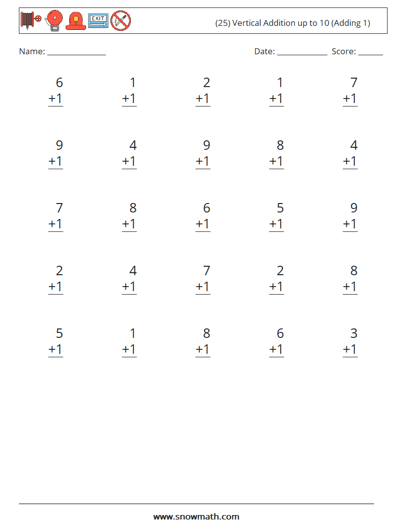 (25) Vertical Addition up to 10 (Adding 1) Math Worksheets 5