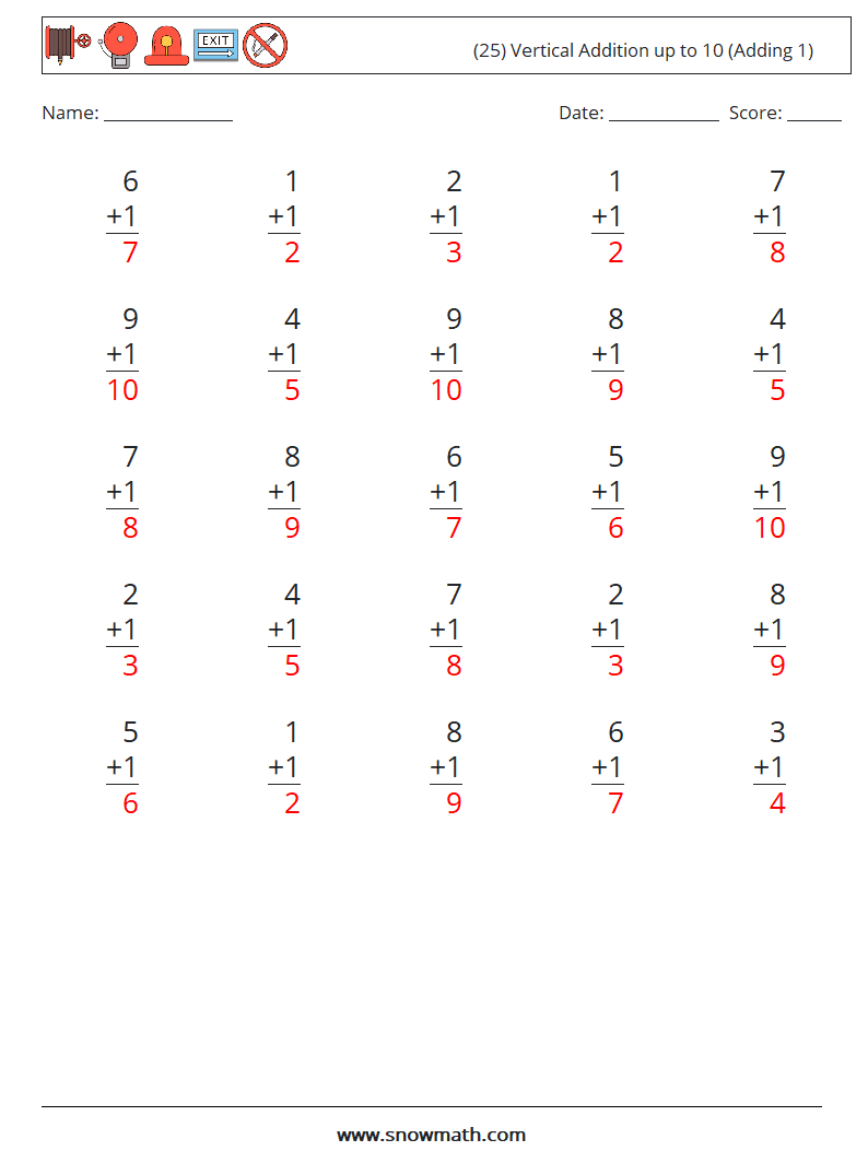 (25) Vertical Addition up to 10 (Adding 1) Math Worksheets 5 Question, Answer