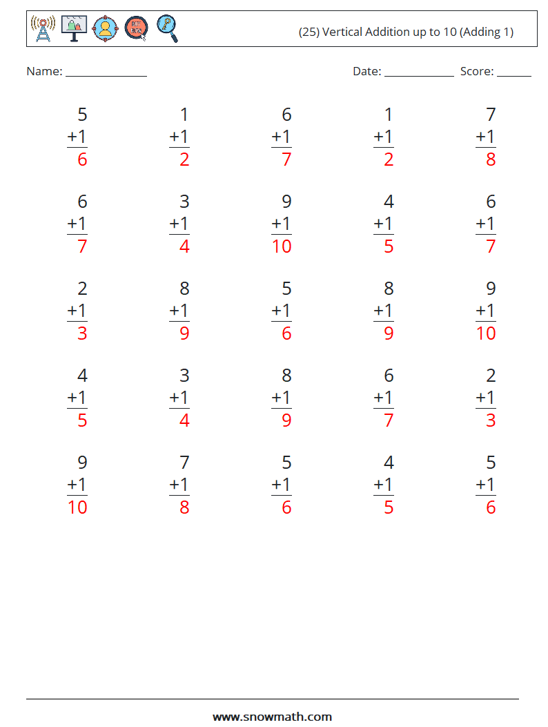 (25) Vertical Addition up to 10 (Adding 1) Math Worksheets 6 Question, Answer