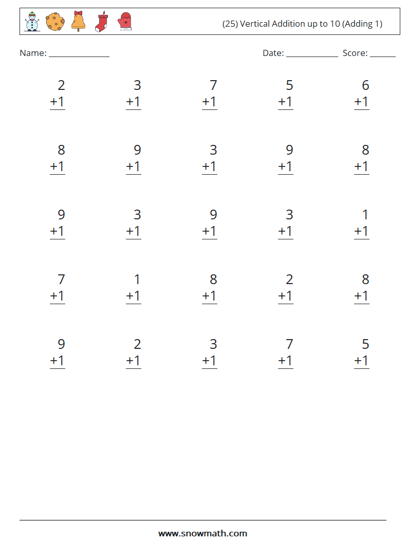 (25) Vertical Addition up to 10 (Adding 1) Math Worksheets 7