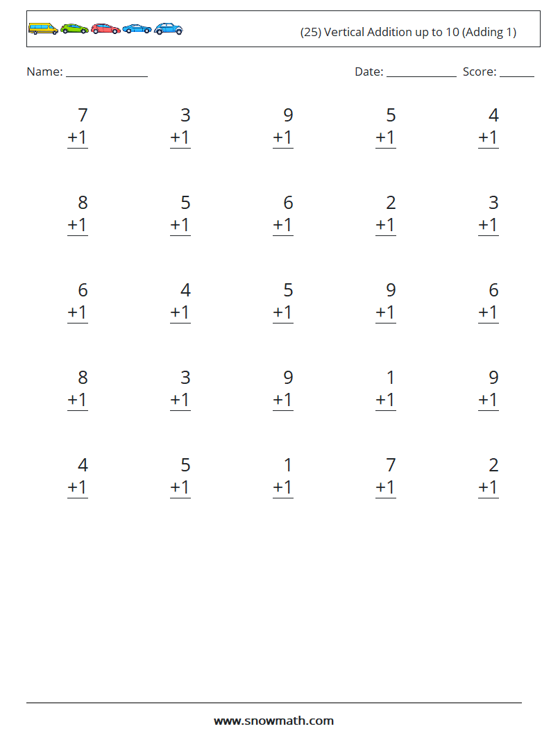 (25) Vertical Addition up to 10 (Adding 1) Math Worksheets 8