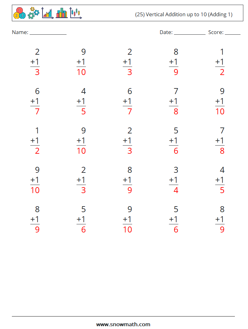 (25) Vertical Addition up to 10 (Adding 1) Math Worksheets 9 Question, Answer