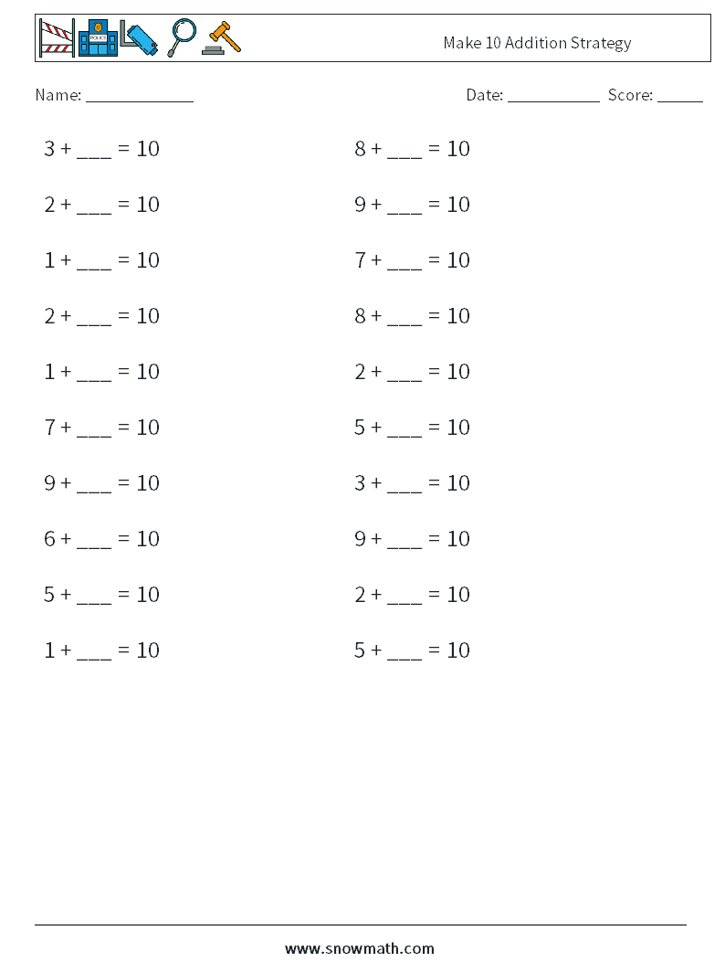 Make 10 Addition Strategy Math Worksheets 1