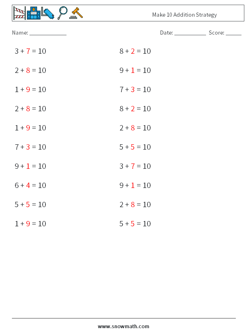 Make 10 Addition Strategy Math Worksheets 1 Question, Answer