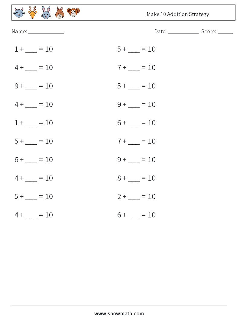 Make 10 Addition Strategy Math Worksheets 3