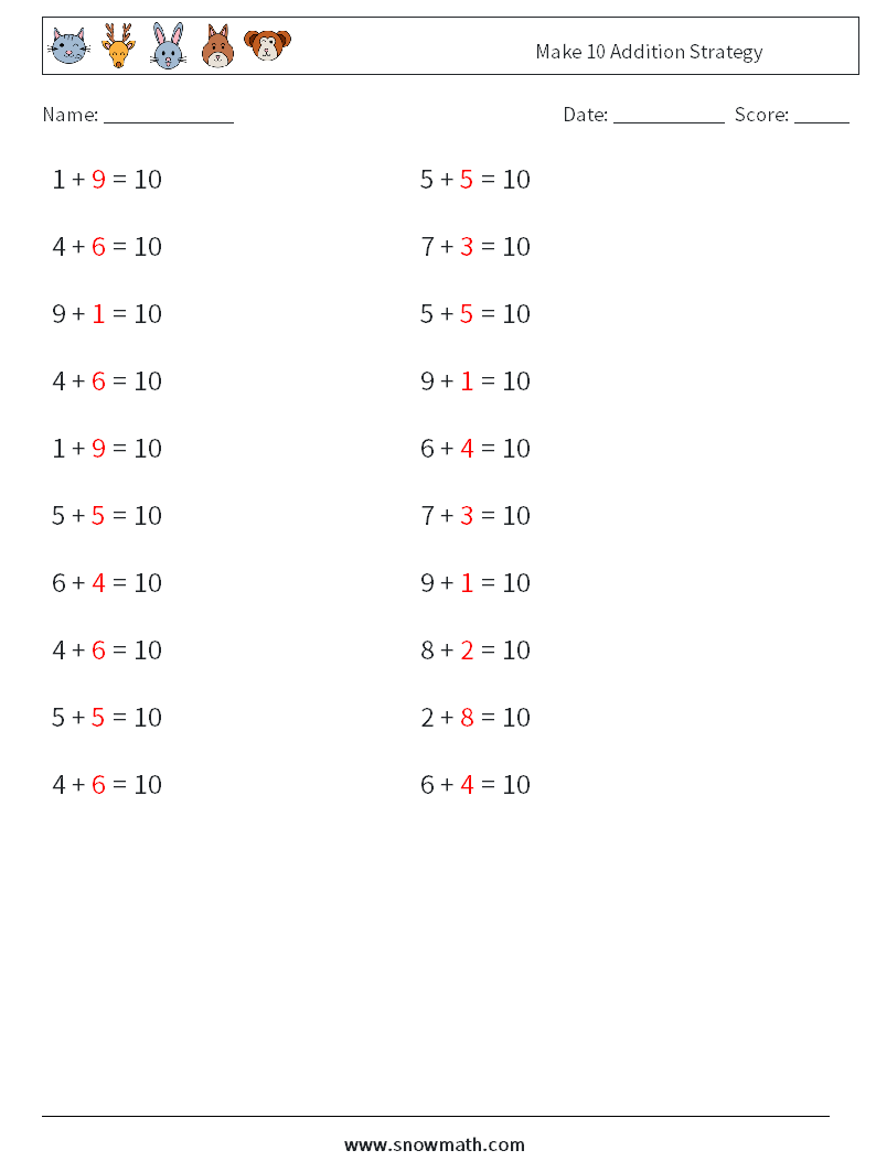 Make 10 Addition Strategy Math Worksheets 3 Question, Answer
