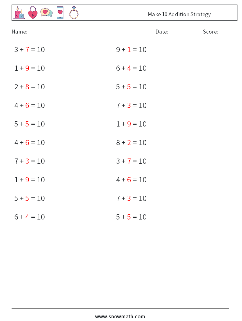 Make 10 Addition Strategy Math Worksheets 4 Question, Answer