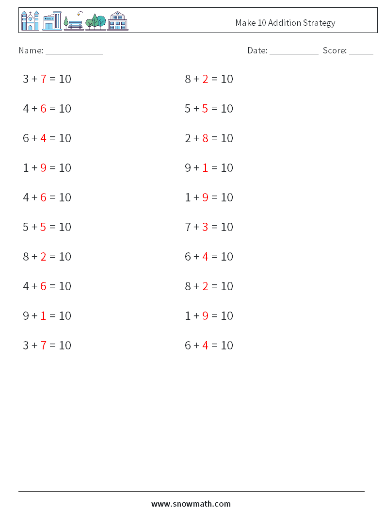 Make 10 Addition Strategy Math Worksheets 5 Question, Answer