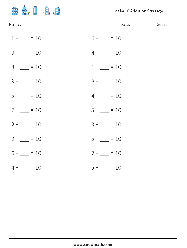 Make 10 Addition Strategy Math Worksheets 6