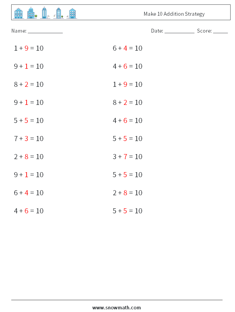 Make 10 Addition Strategy Math Worksheets 6 Question, Answer