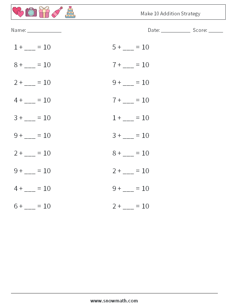 Make 10 Addition Strategy Math Worksheets 7
