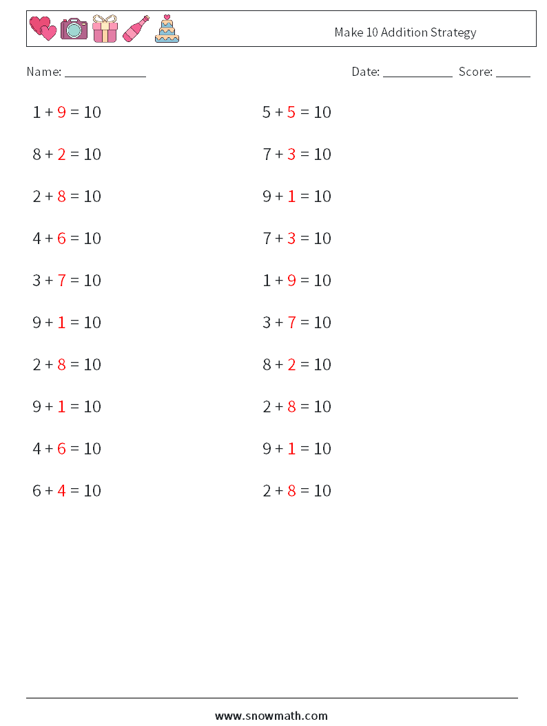 Make 10 Addition Strategy Math Worksheets 7 Question, Answer