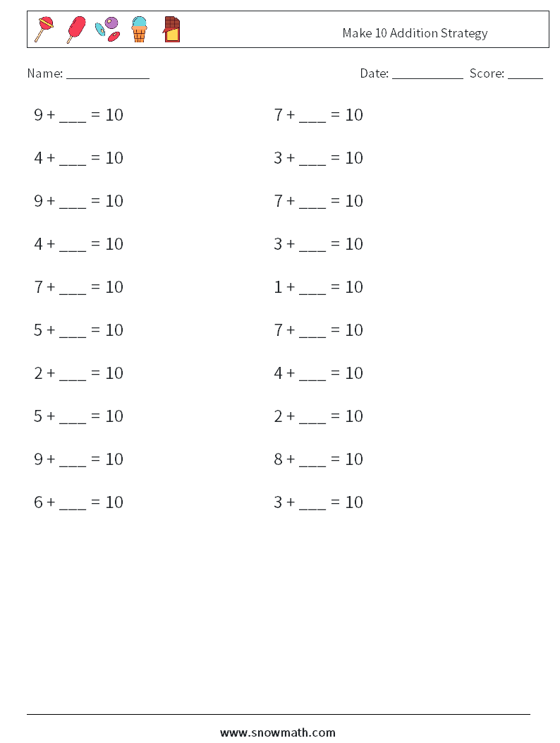 Make 10 Addition Strategy Math Worksheets 8