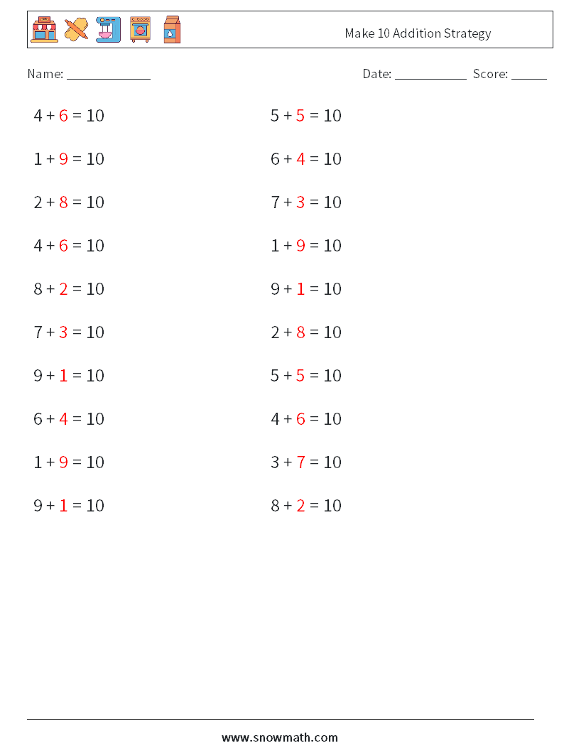 Make 10 Addition Strategy Math Worksheets 9 Question, Answer