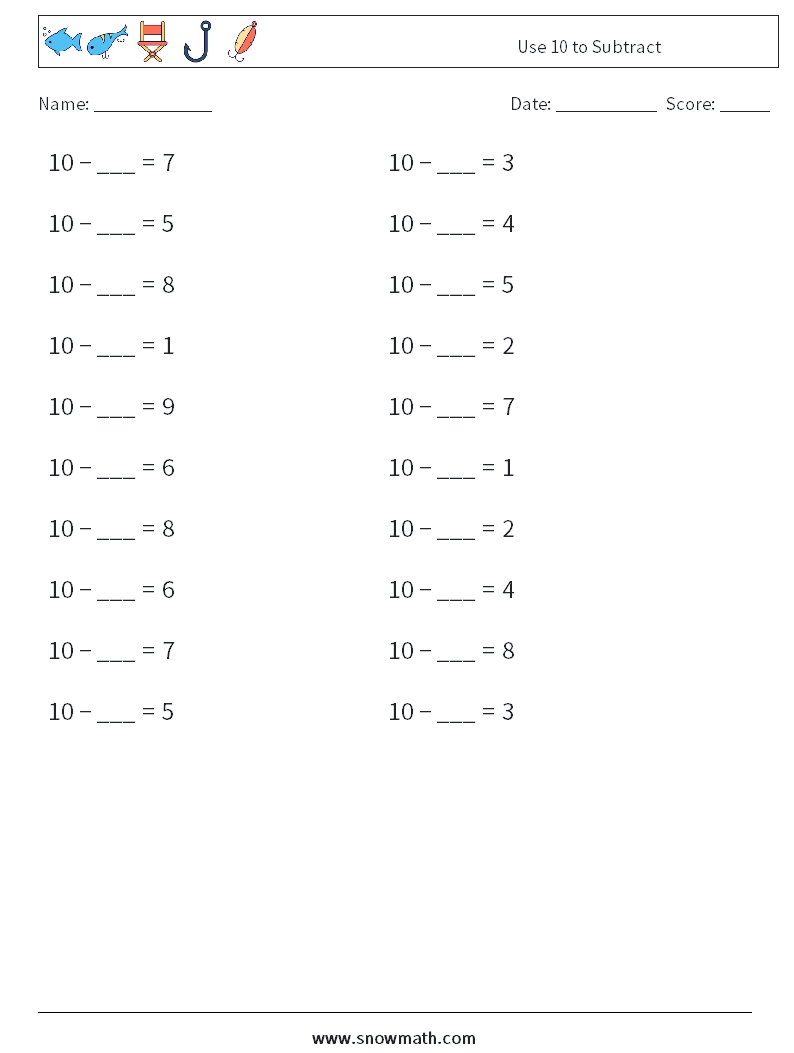 Use 10 to Subtract Math Worksheets 1